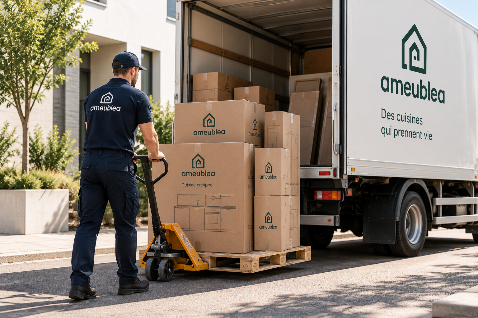 Livraison d'une cuisine Ameublea au pied du camion