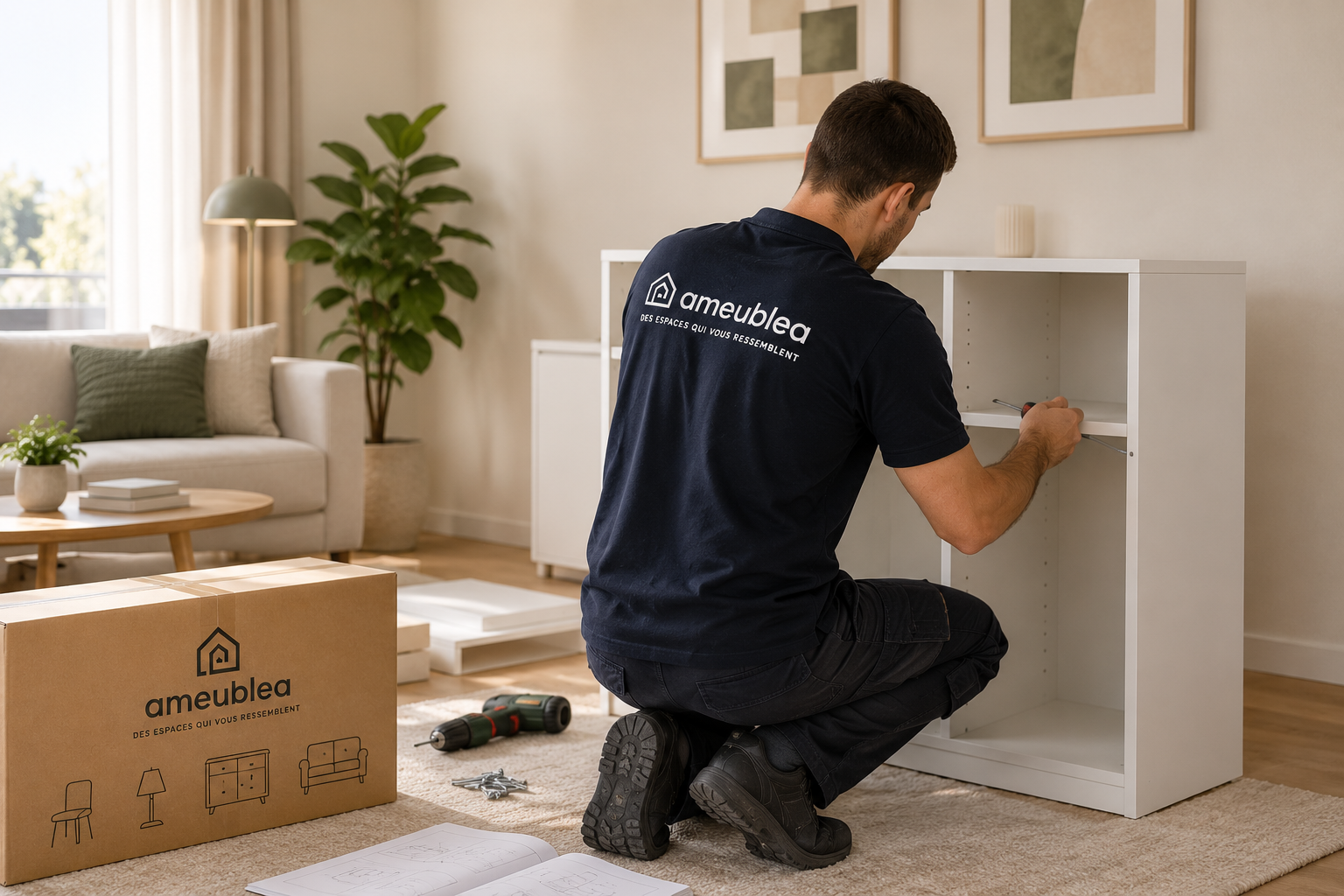 Assemblage de mobilier par une équipe Ameublea